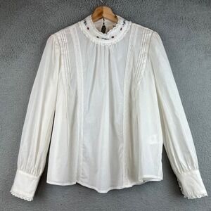 Simple Retro White Cotton Embroidered Lace Victorian Blouse Top size M